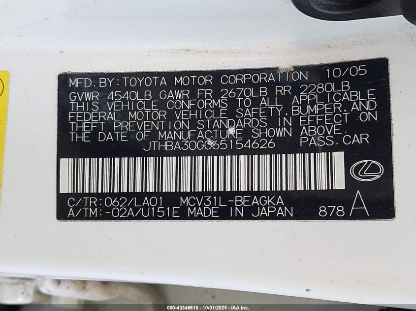 2006 Lexus Es 330 VIN: JTHBA30G065154626 Lot: 43346618