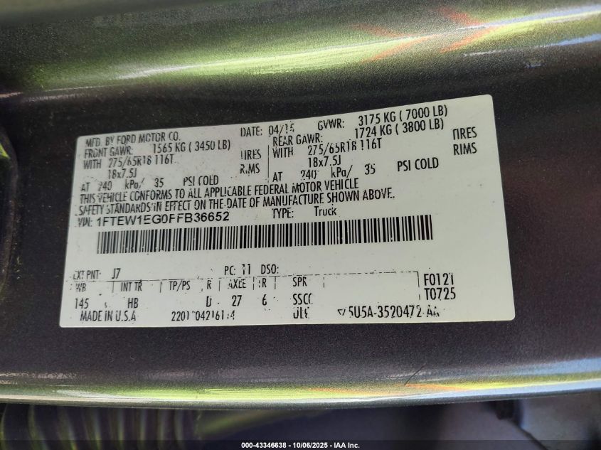 2015 Ford F-150 Lariat VIN: 1FTEW1EG0FFB36652 Lot: 43346638