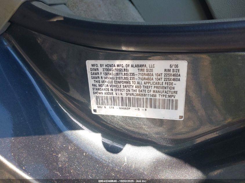 2006 Honda Odyssey Touring VIN: 5FNRL38826B111458 Lot: 43346646