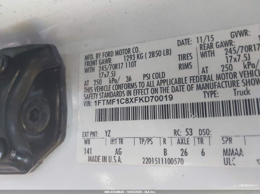 2015 Ford F-150 Xl VIN: 1FTMF1C8XFKD70019 Lot: 43346645