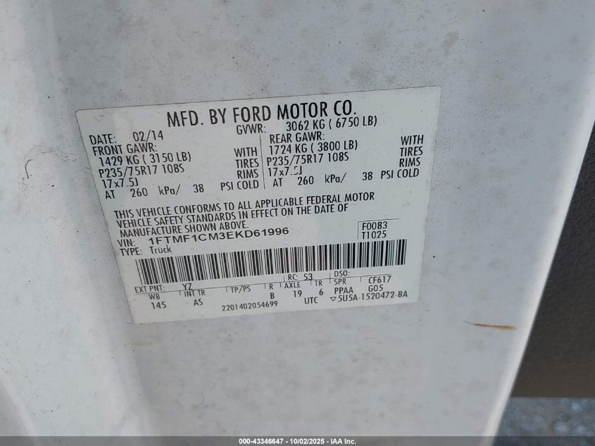 2014 Ford F-150 Xl VIN: 1FTMF1CM3EKD61996 Lot: 43346647