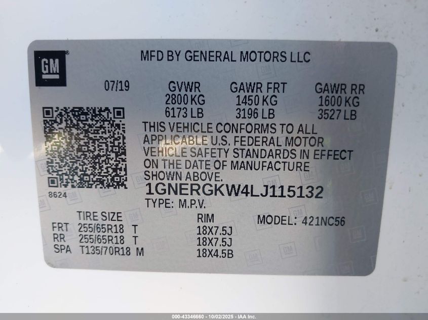 2020 Chevrolet Traverse Fwd Lt Cloth VIN: 1GNERGKW4LJ115132 Lot: 43346660