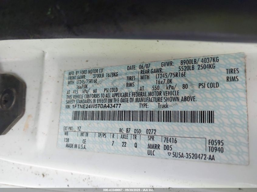 2007 Ford E-250 Commercial/Recreational VIN: 1FTNE24W57DA43477 Lot: 43346667