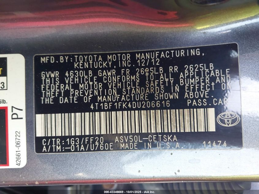 2013 Toyota Camry Se VIN: 4T1BF1FK4DU206616 Lot: 43346669
