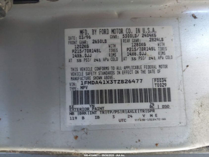 1996 Ford Aerostar VIN: 1FMDA41X3TZB26477 Lot: 43346671