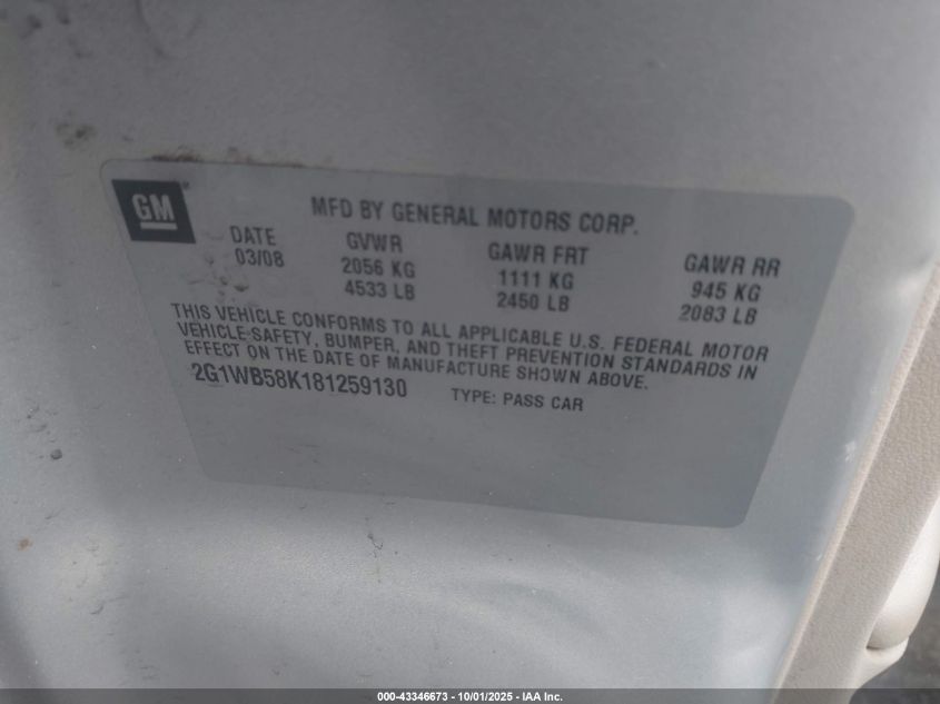 2008 Chevrolet Impala Ls VIN: 2G1WB58K181259130 Lot: 43346673