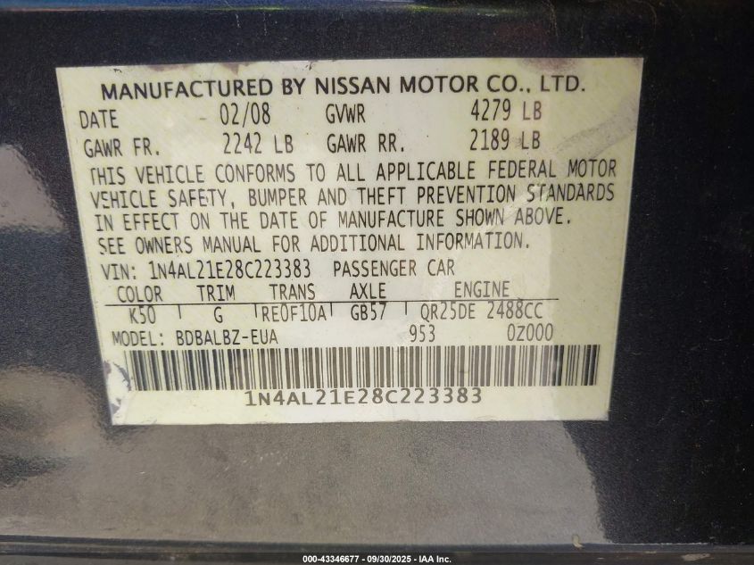 2008 Nissan Altima 2.5 S VIN: 1N4AL21E28C223383 Lot: 43346677