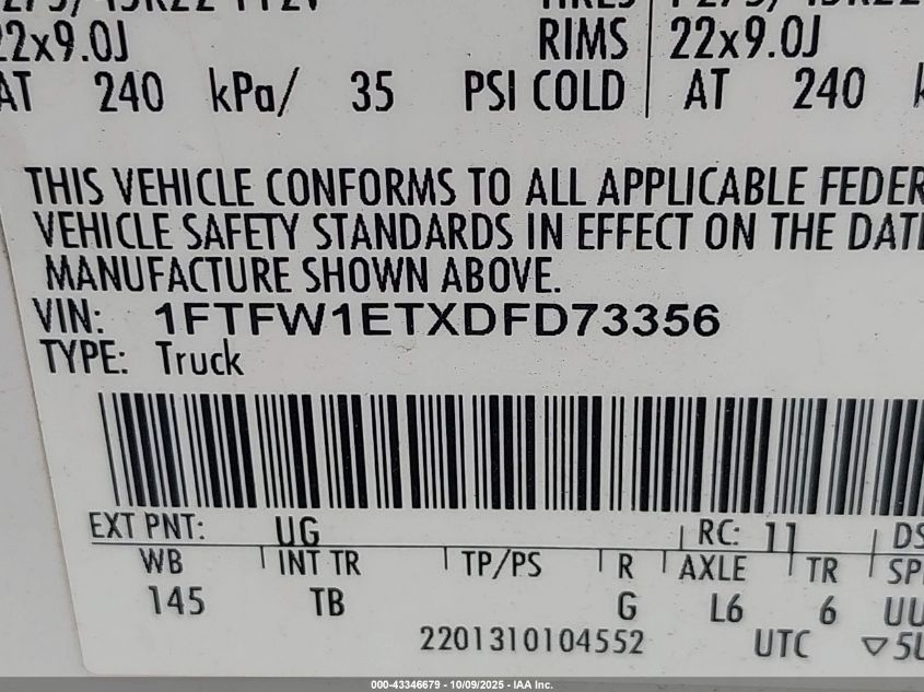 2013 Ford F-150 Limited VIN: 1FTFW1ETXDFD73356 Lot: 43346679