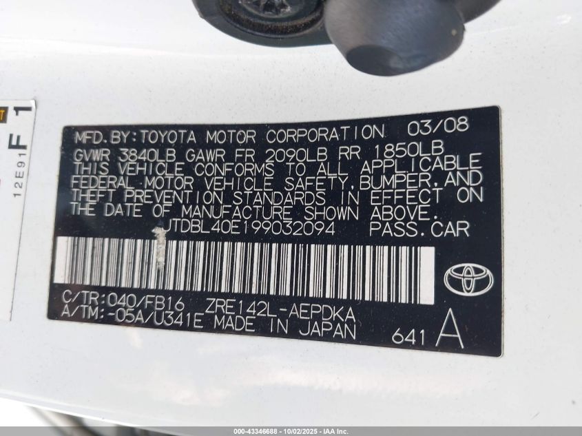 2009 Toyota Corolla VIN: JTDBL40E199032094 Lot: 43346688