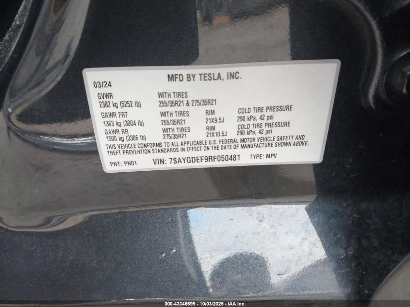 2024 Tesla Model Y Performance Dual Motor All-Wheel Drive VIN: 7SAYGDEF9RF050481 Lot: 43346699