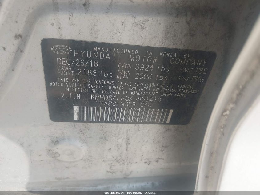2019 Hyundai Elantra Value Edition VIN: KMHD84LF8KU851410 Lot: 43346731