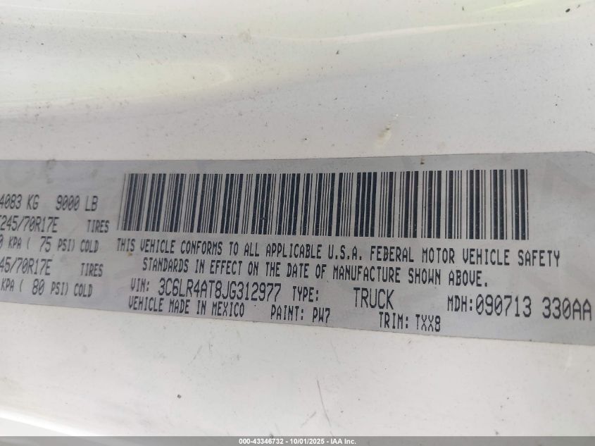 2018 Ram 2500 Tradesman 4X2 8' Box VIN: 3C6LR4AT8JG312977 Lot: 43346732