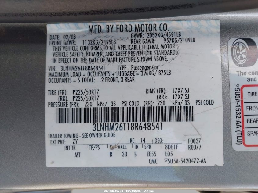 2008 Lincoln Mkz VIN: 3LNHM26T18R648541 Lot: 43346733