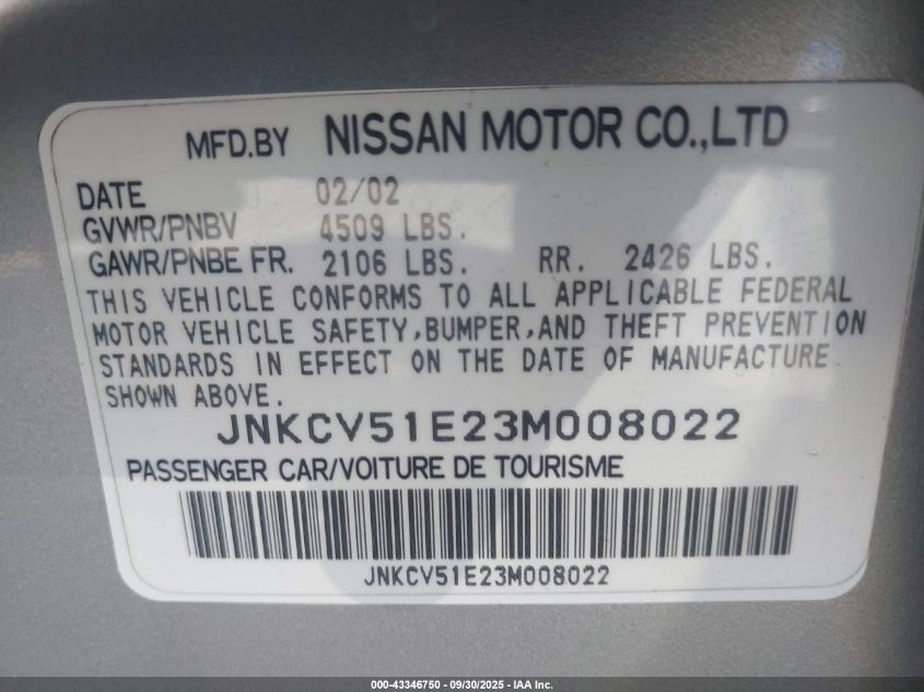 2003 Infiniti G35 Base W/6 Speed Manual VIN: JNKCV51E23M008022 Lot: 43346750