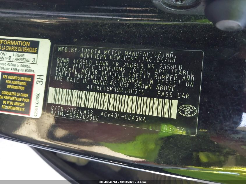 2009 Toyota Camry Xle VIN: 4T4BE46K19R106510 Lot: 43346764