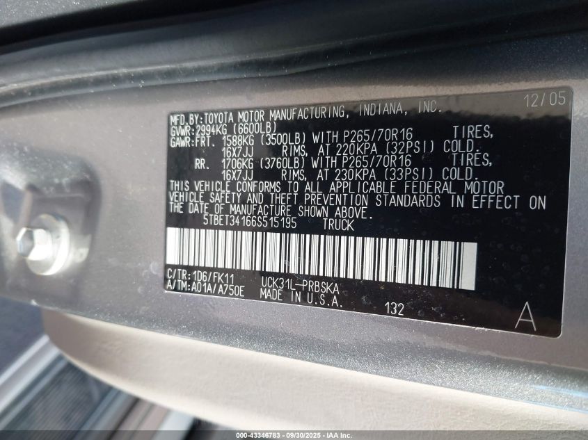 2006 Toyota Tundra Darrell Waltrip Edition/Sr5 V8 VIN: 5TBET34166S515195 Lot: 43346783