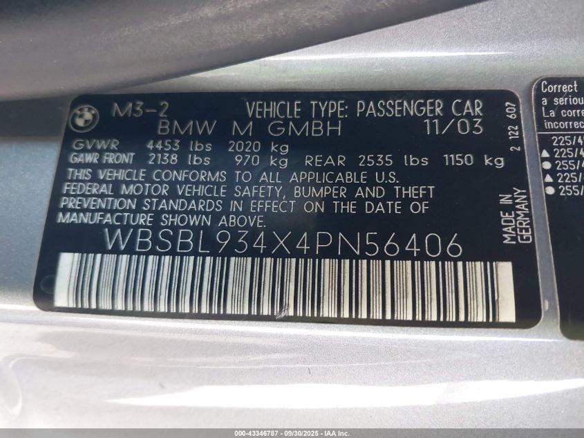 2004 BMW M3 VIN: WBSBL934X4PN56406 Lot: 43346787