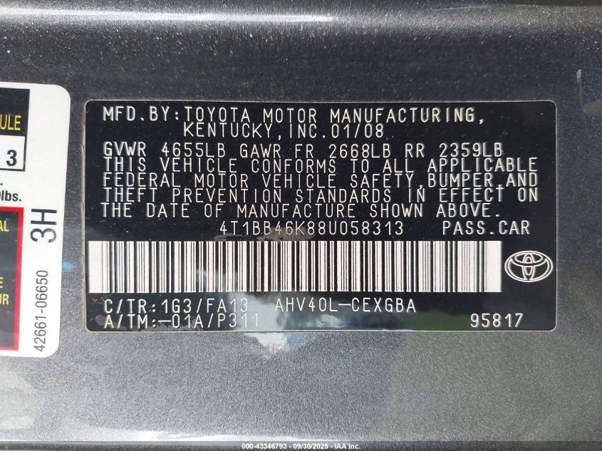 2008 Toyota Camry Hybrid VIN: 4T1BB46K88U058313 Lot: 43346793