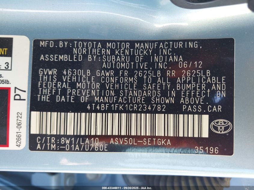 2012 Toyota Camry Xle VIN: 4T4BF1FK1CR234782 Lot: 43346811