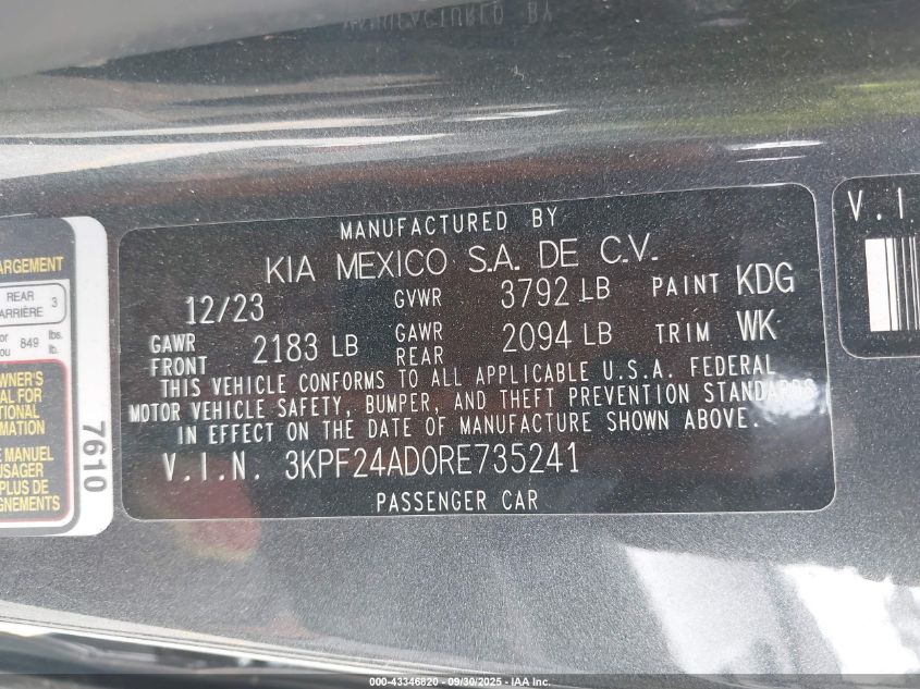 2024 Kia Forte Lxs VIN: 3KPF24AD0RE735241 Lot: 43346820