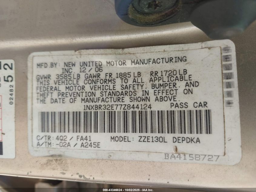 2007 Toyota Corolla Ce VIN: 1NXBR32E77Z844124 Lot: 43346824