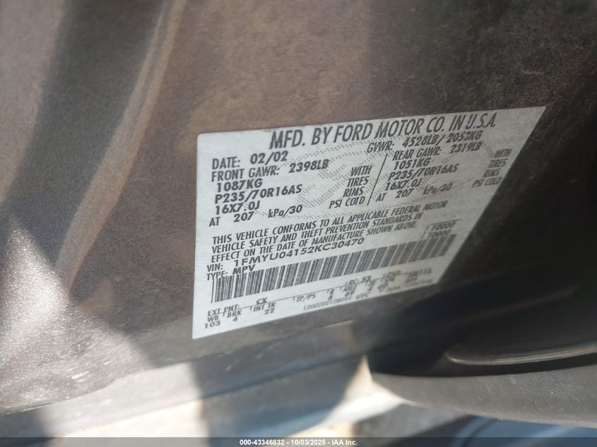 2002 Ford Escape Xlt VIN: 1FMYU04152KC30470 Lot: 43346832