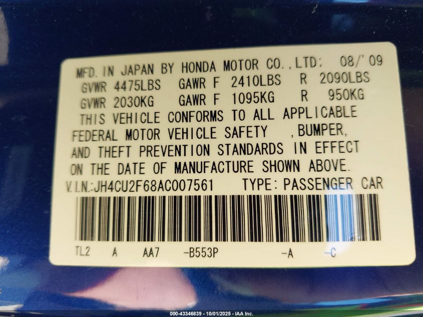 2010 Acura Tsx 2.4 VIN: JH4CU2F68AC007561 Lot: 43346839