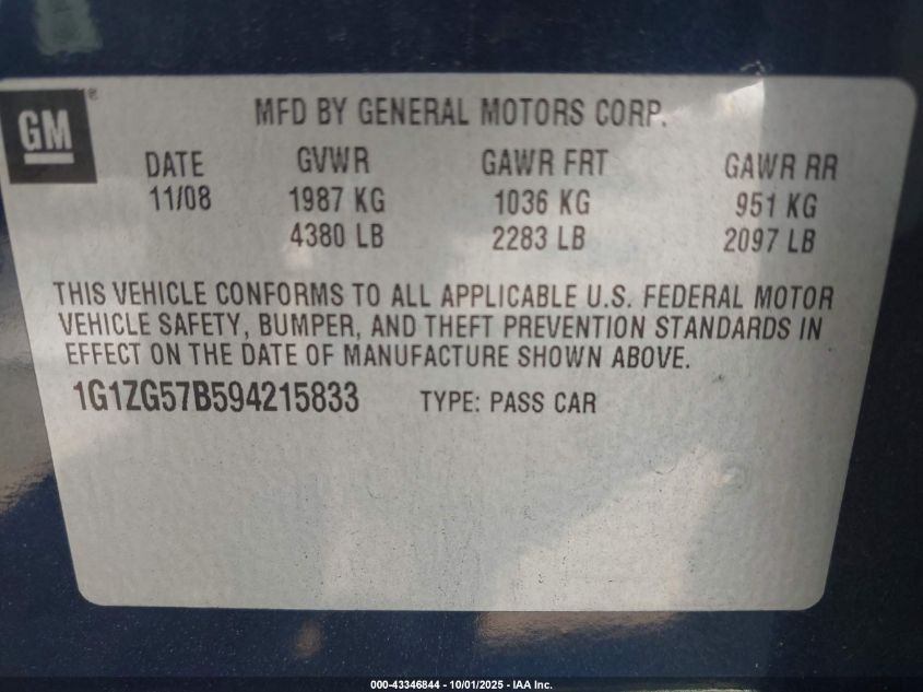 2009 Chevrolet Malibu Ls VIN: 1G1ZG57B594215833 Lot: 43346844