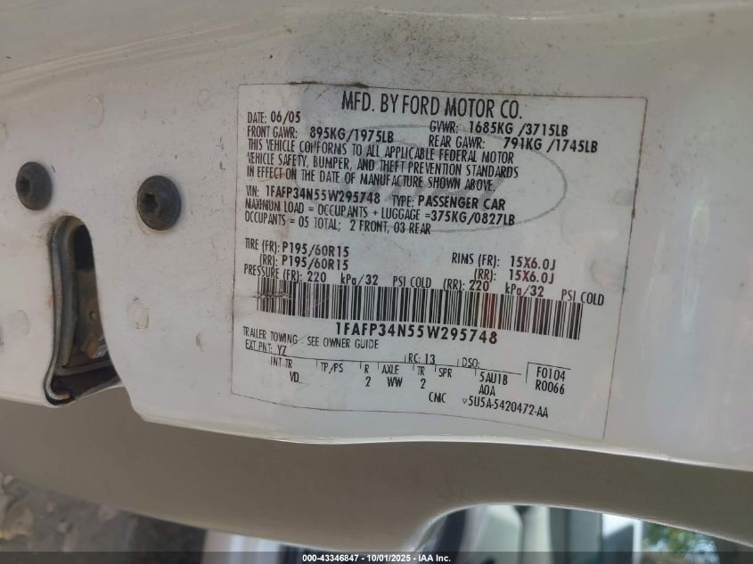 2005 Ford Focus Zx4 VIN: 1FAFP34N55W295748 Lot: 43346847