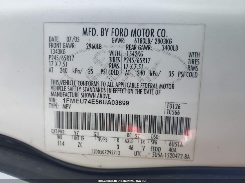 2006 Ford Explorer Eddie Bauer VIN: 1FMEU74E56UA03899 Lot: 43346848