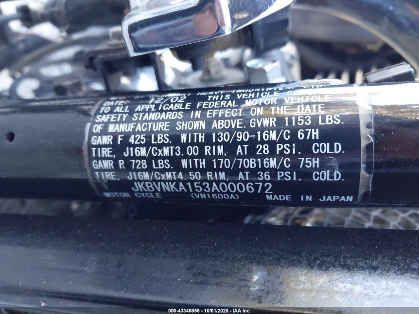 2003 Kawasaki Vn1600 A1 VIN: JKBVNKA153A000672 Lot: 43346856