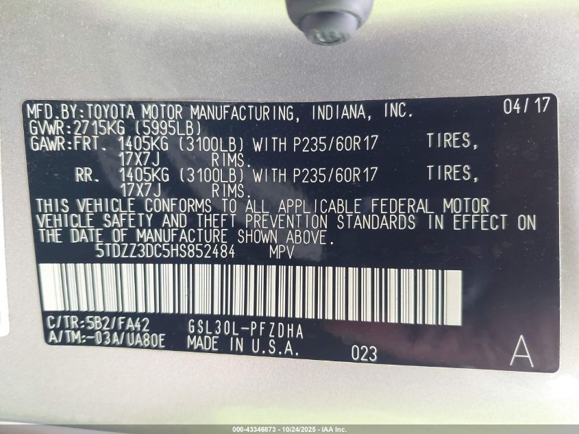 2017 Toyota Sienna L 7 Passenger VIN: 5TDZZ3DC5HS852484 Lot: 43346873