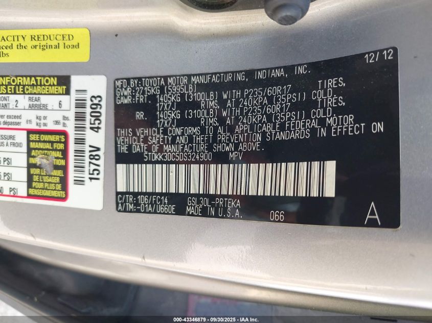 2013 Toyota Sienna Le V6 8 Passenger VIN: 5TDKK3DC5DS324900 Lot: 43346879