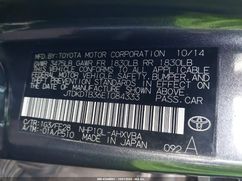 2014 Toyota Prius C One VIN: JTDKDTB36E1084333 Lot: 43346881