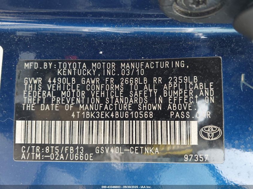 2011 Toyota Camry Le V6 VIN: 4T1BK3EK4BU610568 Lot: 43346883