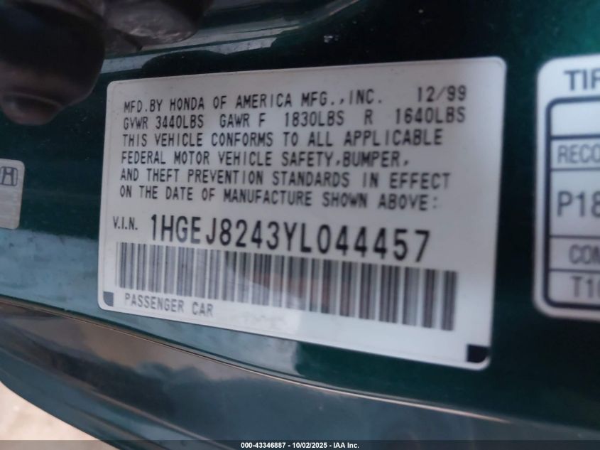 2000 Honda Civic Ex VIN: 1HGEJ8243YL044457 Lot: 43346887