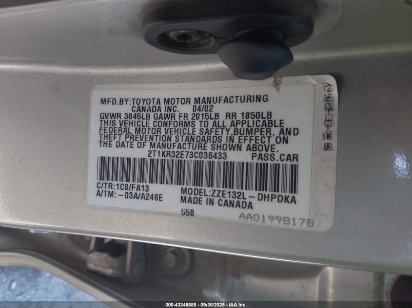 2003 Toyota Matrix Standard VIN: 2T1KR32E73C036433 Lot: 43346888