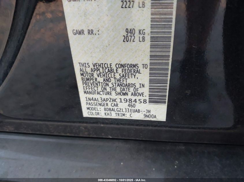 2017 Nissan Altima 2.5 S VIN: 1N4AL3AP2HC198458 Lot: 43346892