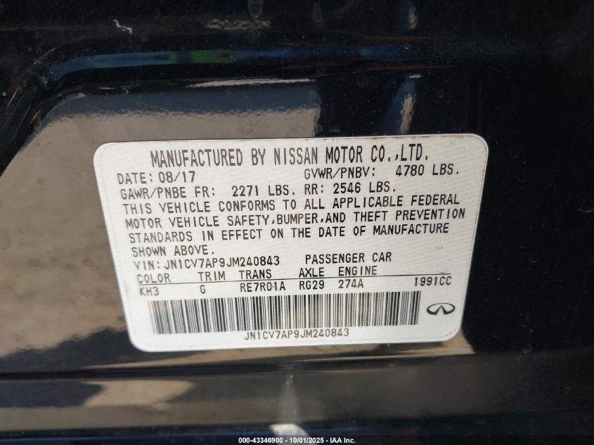 2018 Infiniti Q50 2.0T Pure VIN: JN1CV7AP9JM240843 Lot: 43346900