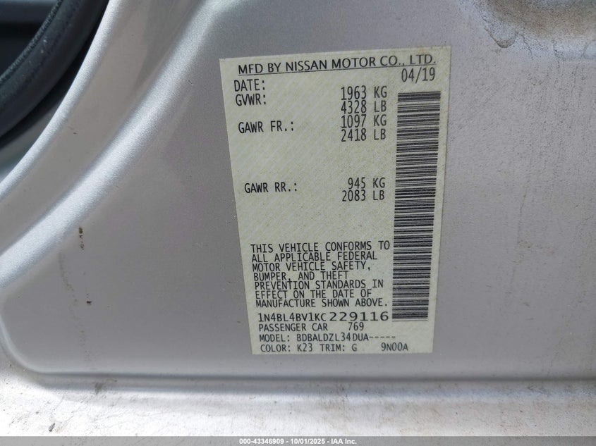 2019 Nissan Altima 2.5 S VIN: 1N4BL4BV1KC229116 Lot: 43346909