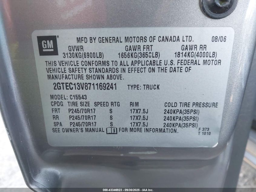 2007 GMC Sierra 1500 Classic Sl VIN: 2GTEC13V871169241 Lot: 43346923