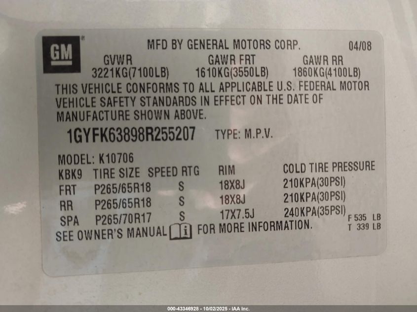 2008 Cadillac Escalade Standard VIN: 1GYFK63898R255207 Lot: 43346928