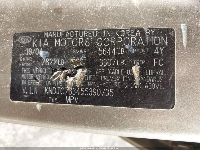 2005 Kia Sorento Ex/Lx VIN: KNDJC733455390735 Lot: 43346941