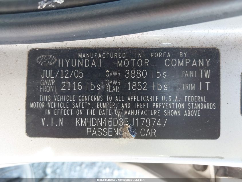 2005 Hyundai Elantra Gls/Gt VIN: KMHDN46D35U179747 Lot: 43346952