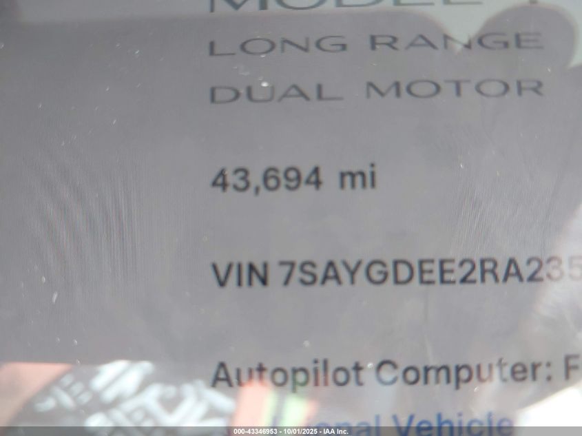2024 Tesla Model Y Long Range Dual Motor All-Wheel Drive VIN: 7SAYGDEE2RA235895 Lot: 43346953