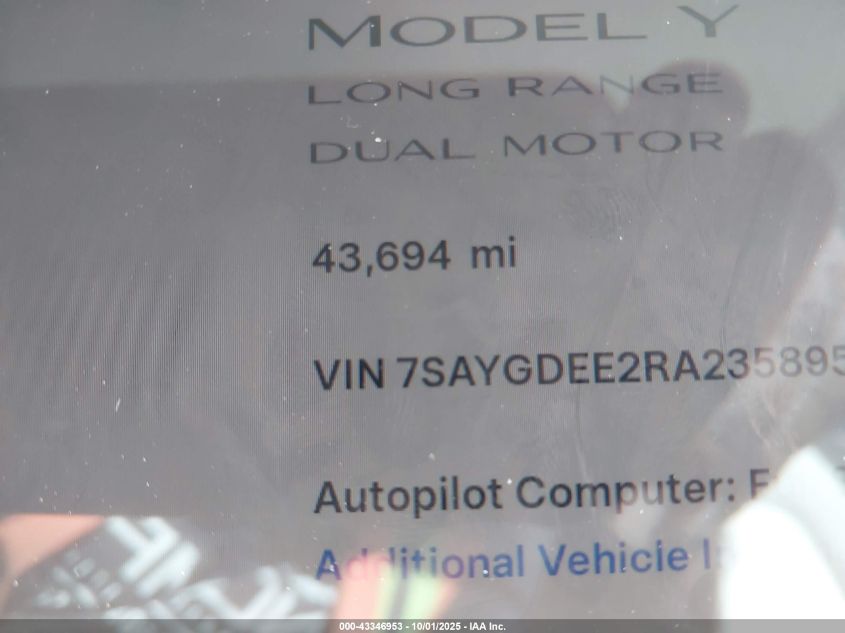 2024 Tesla Model Y Long Range Dual Motor All-Wheel Drive VIN: 7SAYGDEE2RA235895 Lot: 43346953