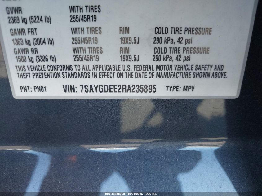 2024 Tesla Model Y Long Range Dual Motor All-Wheel Drive VIN: 7SAYGDEE2RA235895 Lot: 43346953