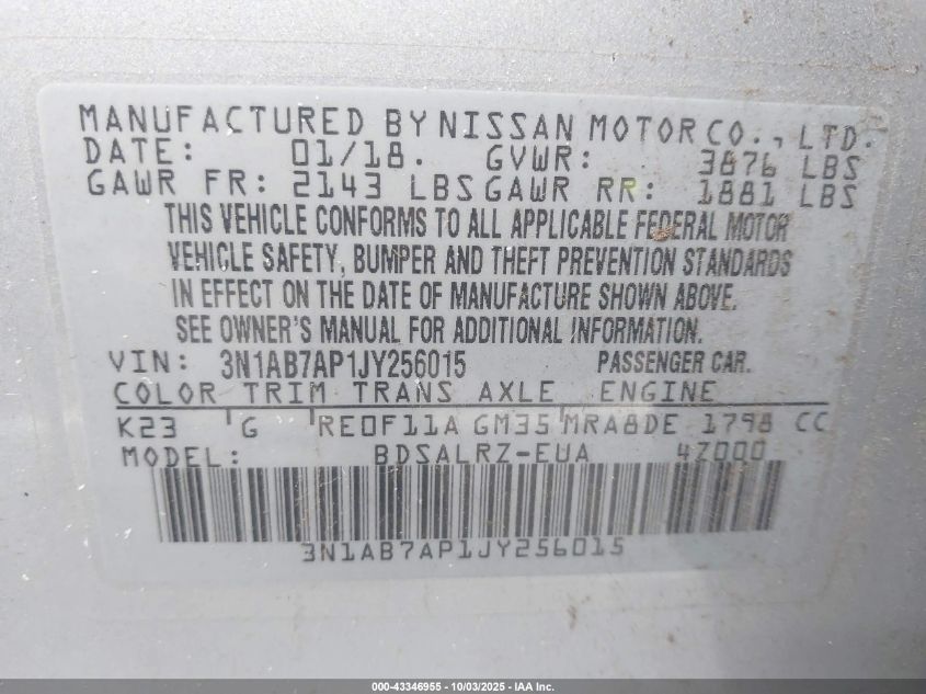 2018 Nissan Sentra Sr VIN: 3N1AB7AP1JY256015 Lot: 43346955