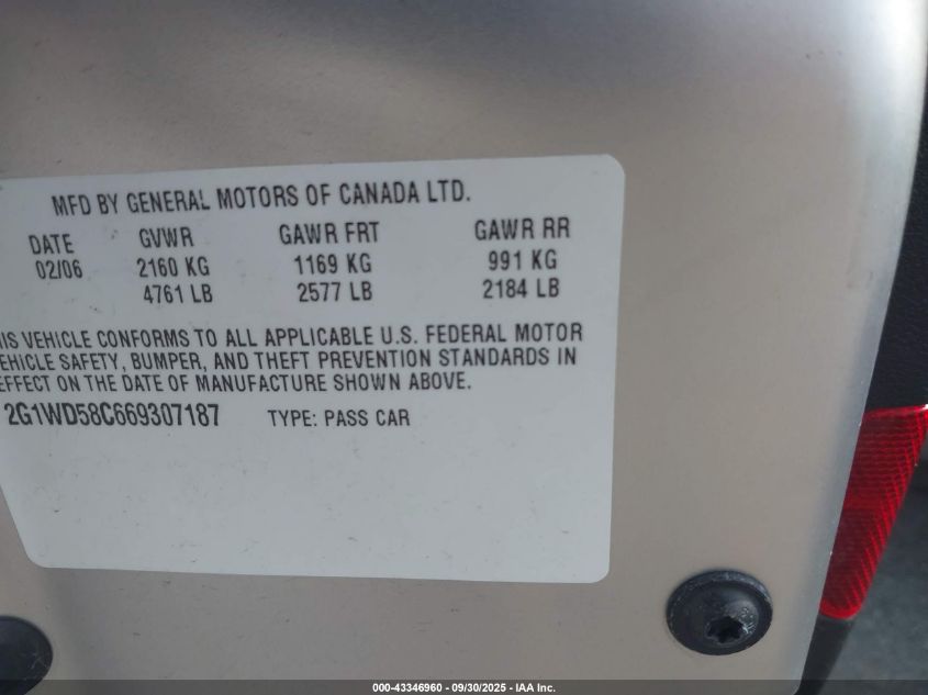 2006 Chevrolet Impala Ss VIN: 2G1WD58C669307187 Lot: 43346960