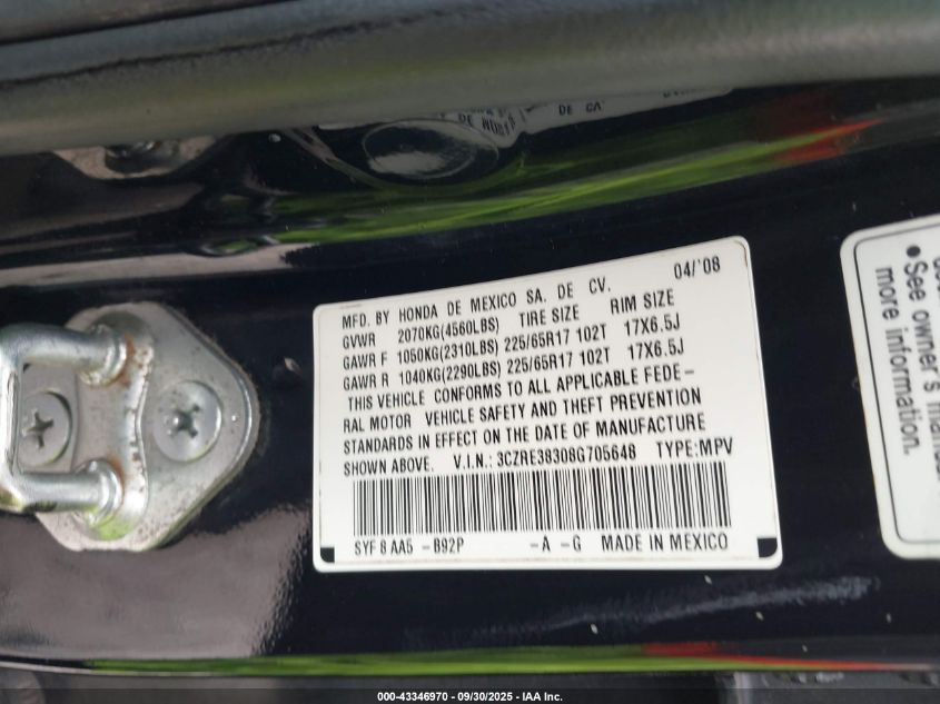 2008 Honda Cr-V Lx VIN: 3CZRE38308G705648 Lot: 43346970